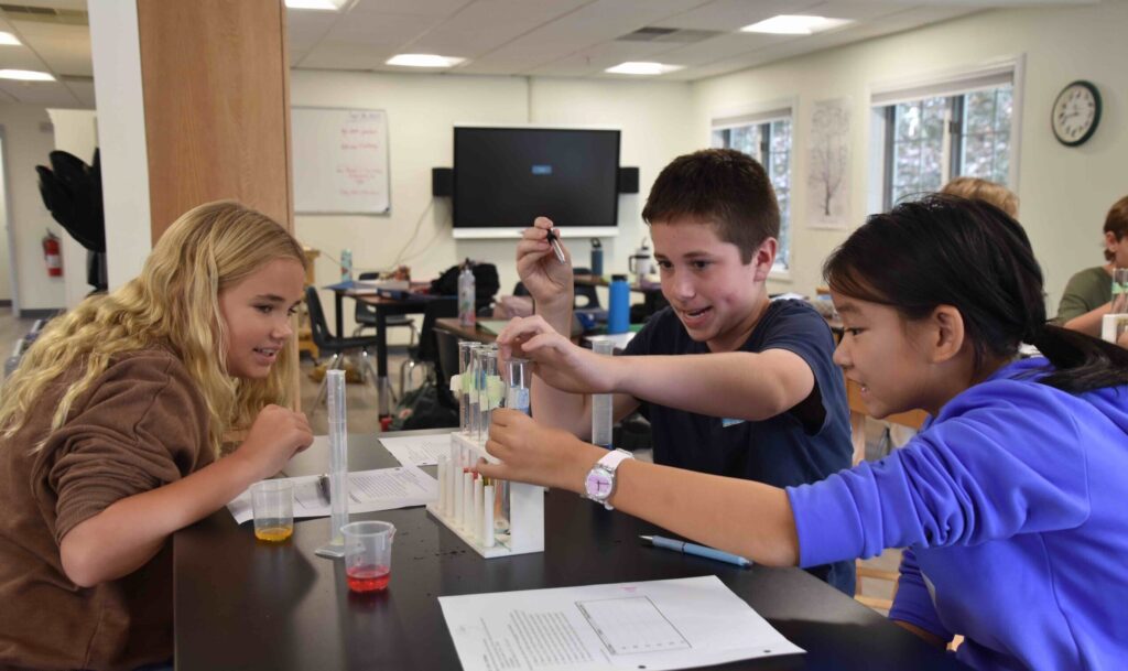 Three students engaged in a lab in science class.